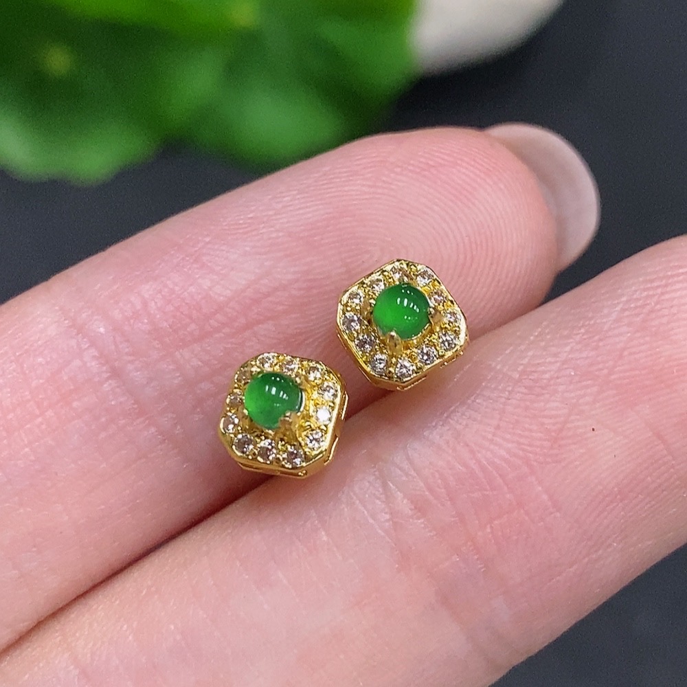 F34035606 Jadeite Cabochon Stud Earrings Non-Gold Setting Total Weight Approx. 0.7g