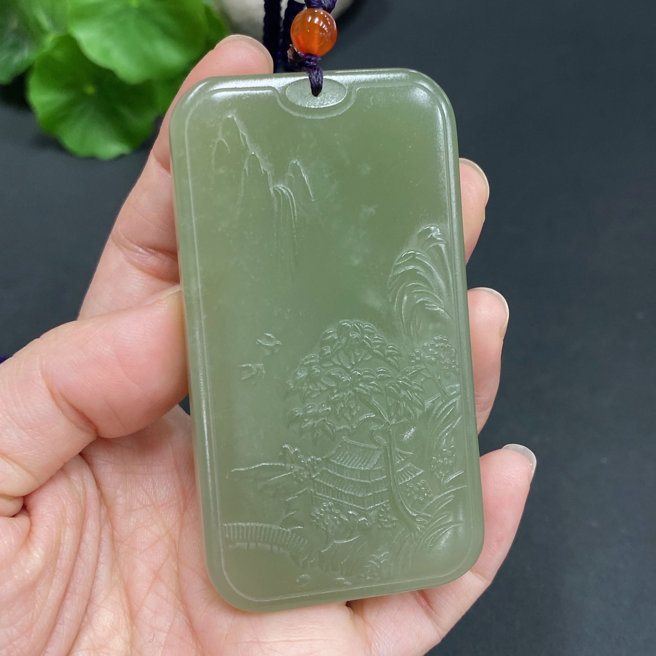 H18974711 Hetian Jade Pendant - Landscape Plaque, Total Weight Approx. (Including Rope) 76.9g