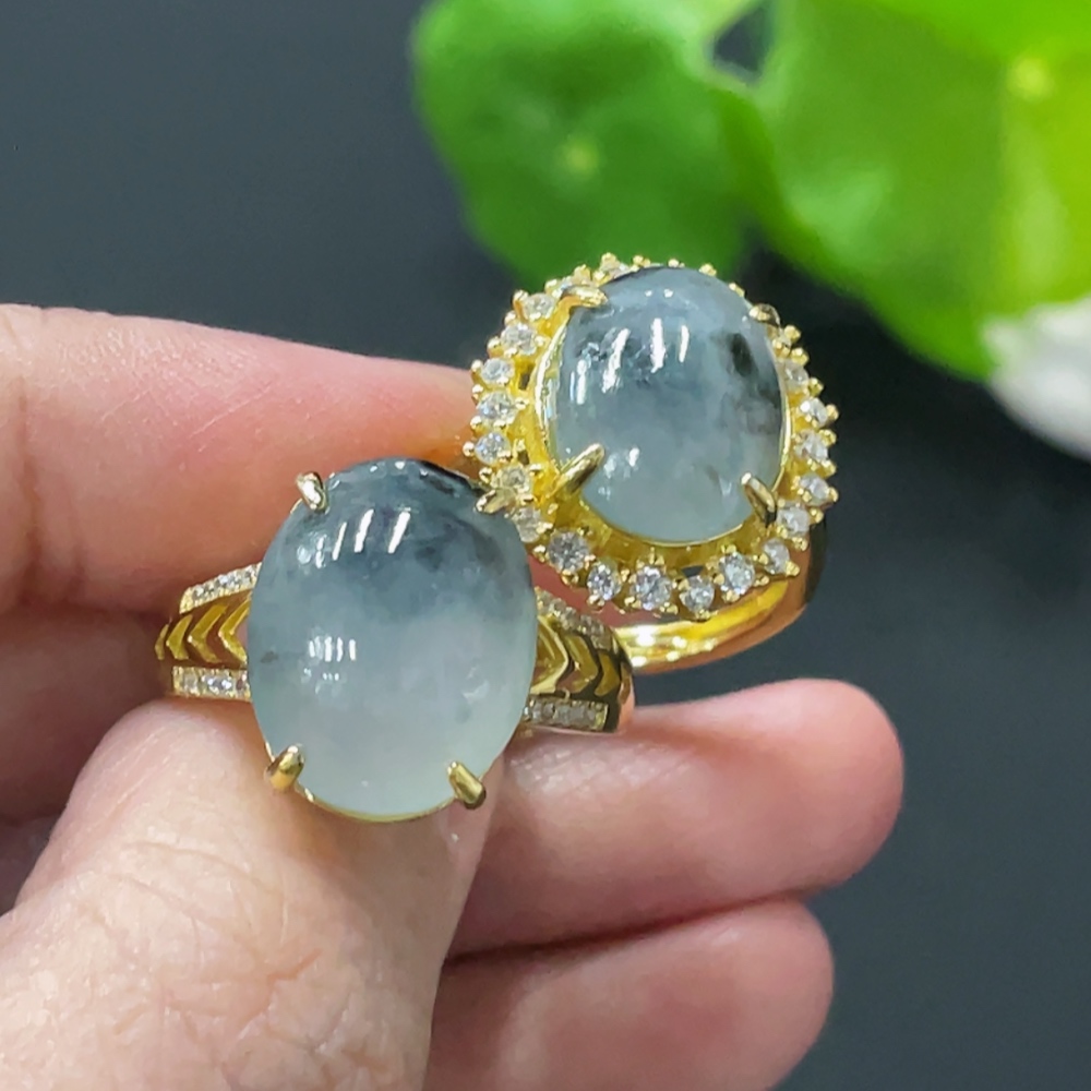 F34058458 Jadeite Cabochon Ring, Non-Gold Setting, Adjustable Size