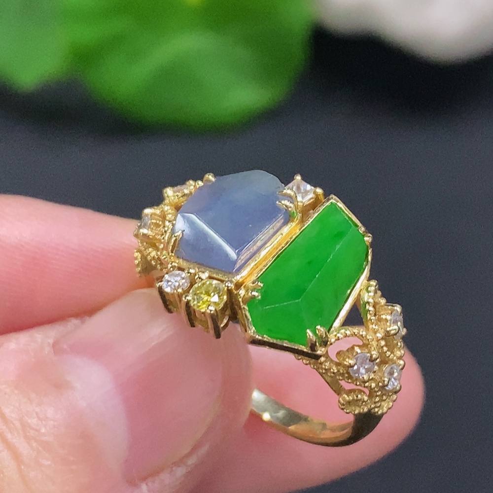 F33932348 Jadeite Inlaid Ring 18K Gold Size 15 Total Weight Approx. 5.2g (Colorless Matching Stones Are Diamonds)