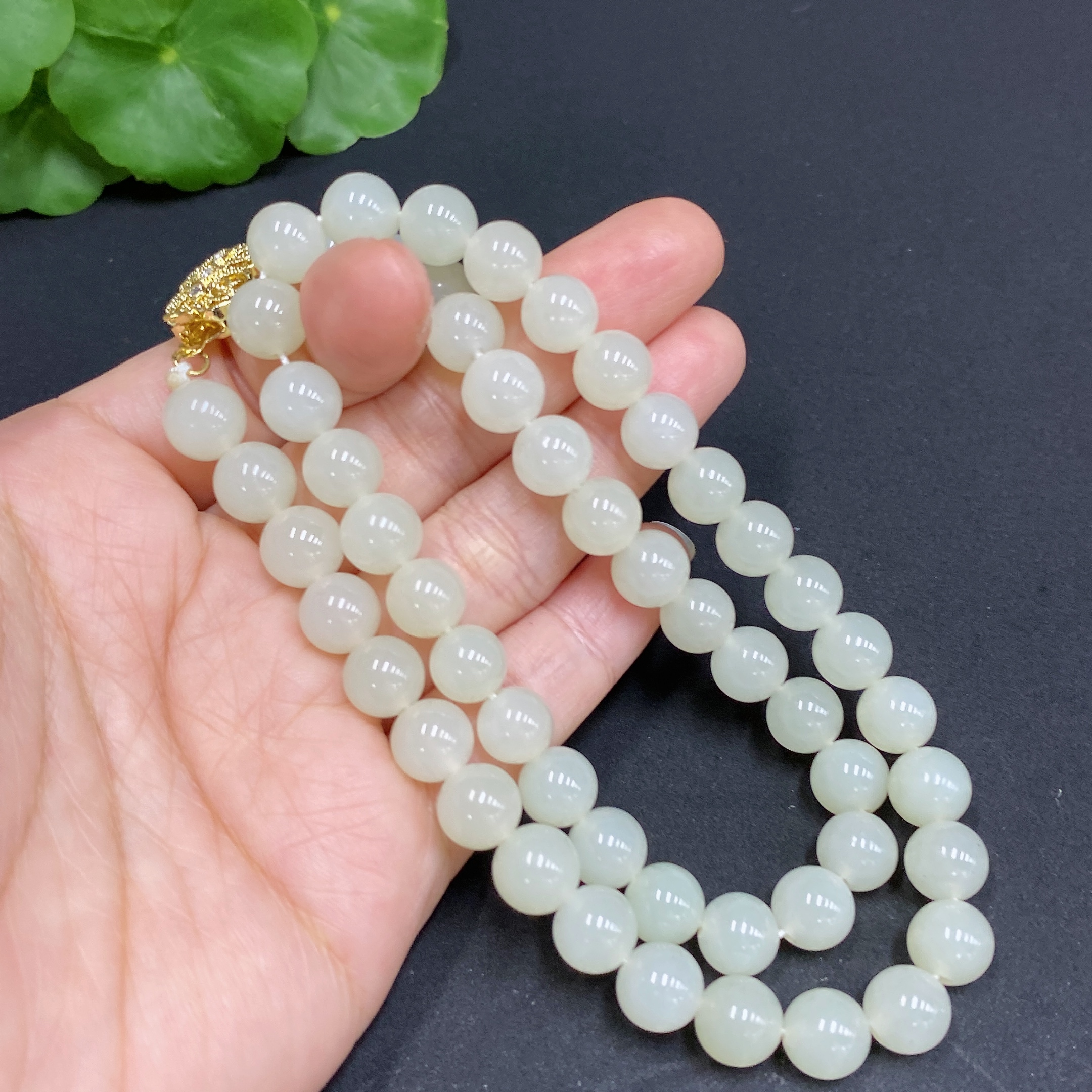 H34970438 Hetian Jade Bead Necklace, Approx. 8mm, Non-Gold Inlaid, Total Weight Approx. 47.9g
