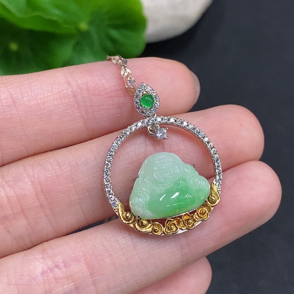 F34077362 Jadeite Buddha Pendant Non-Gold Setting Total Weight Approx. 4.4g (Including Chain)
