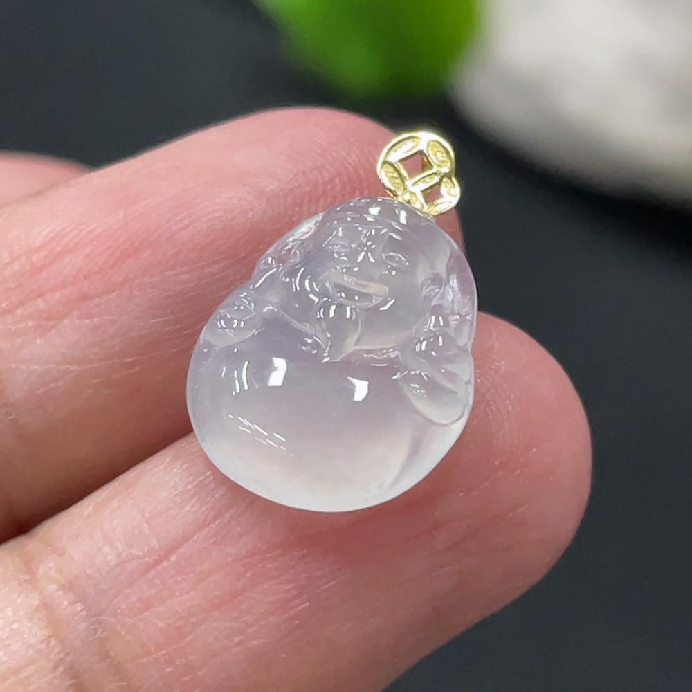 F32740367 Jadeite God of Wealth Pendant with 18K Gold Clasp, Total Weight Approx. 1.04g