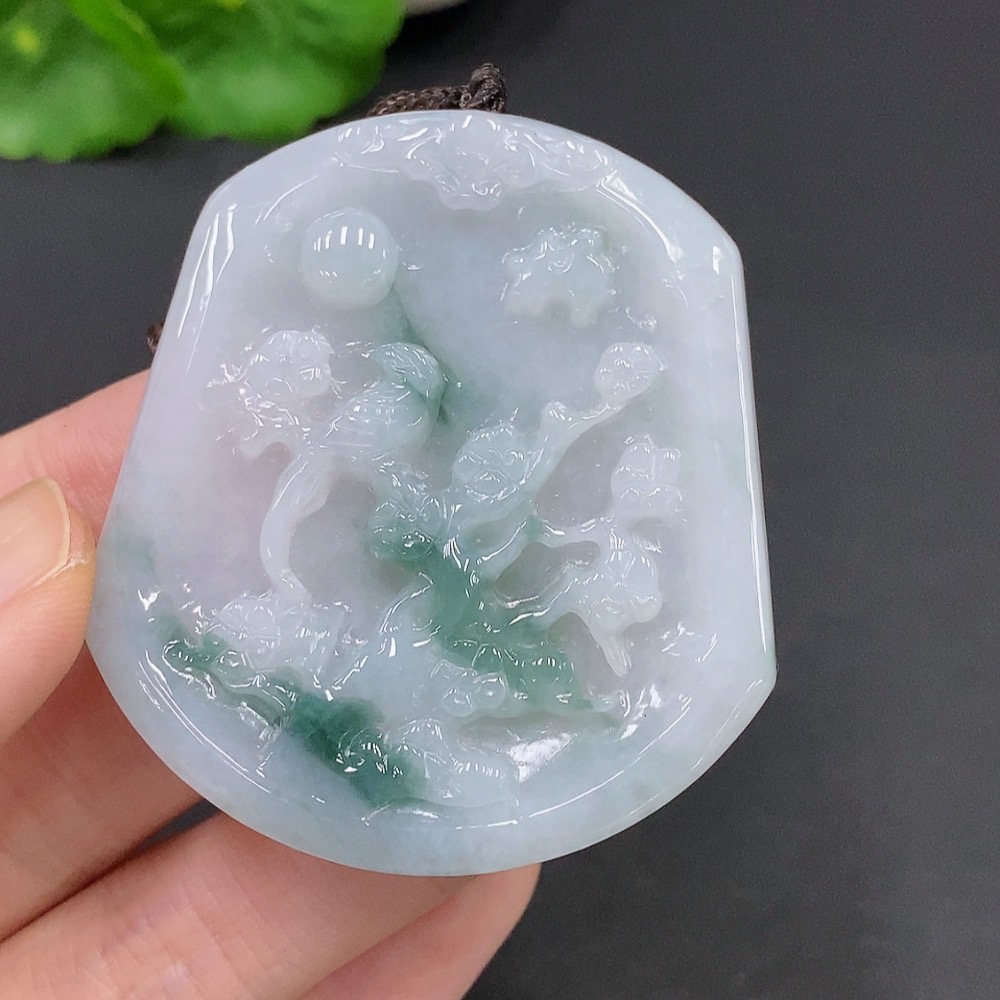 F24747910 Jadeite Magpie on Plum Branch Pendant Total Weight Approx. 33.1g (Including String Weight)
