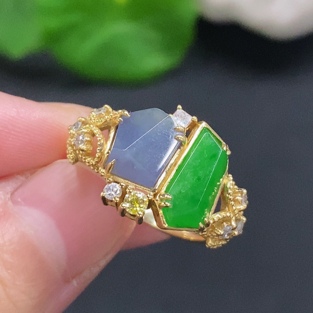F33932348 Jadeite Inlaid Ring 18K Gold Size 15 Total Weight Approx. 5.2g (Colorless Matching Stones Are Diamonds)