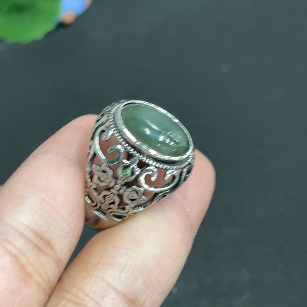 H33848259 Hetian Jade Inlaid Adjustable Ring