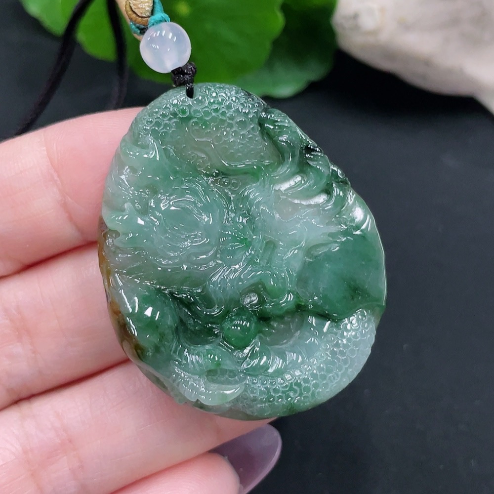 F34967159 Jadeite Dragon Pendant Total Weight Approx. 19.8g (Including Rope Weight)