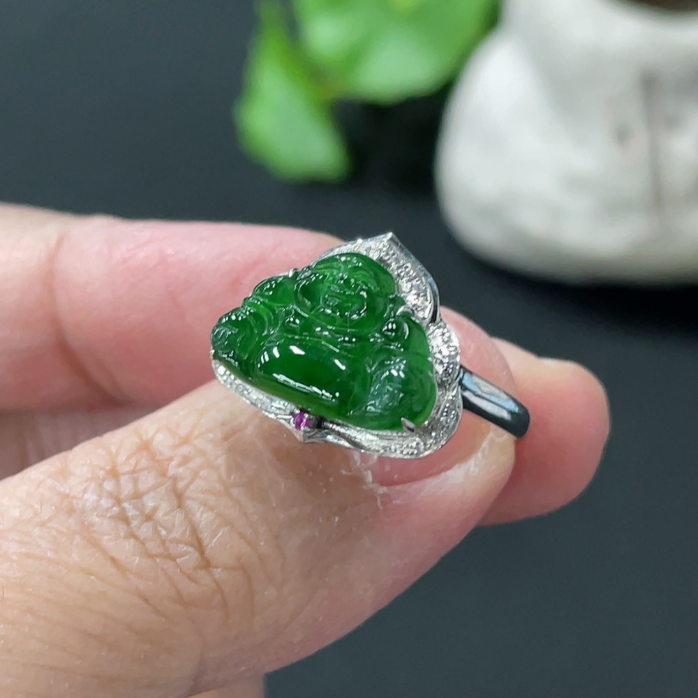 F35145613 Jadeite Buddha Inlaid Ring 18k Gold Setting Size 13 Total Weight Approx. 2.3g With Diamond (Colorless) Inlay
