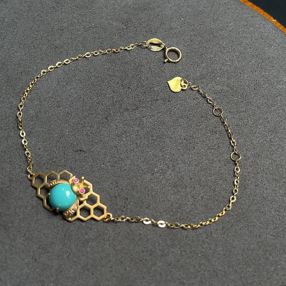C32714397 18K Gold Turquoise Bracelet with Diamond Accents, Total Weight Approx. 1.90g