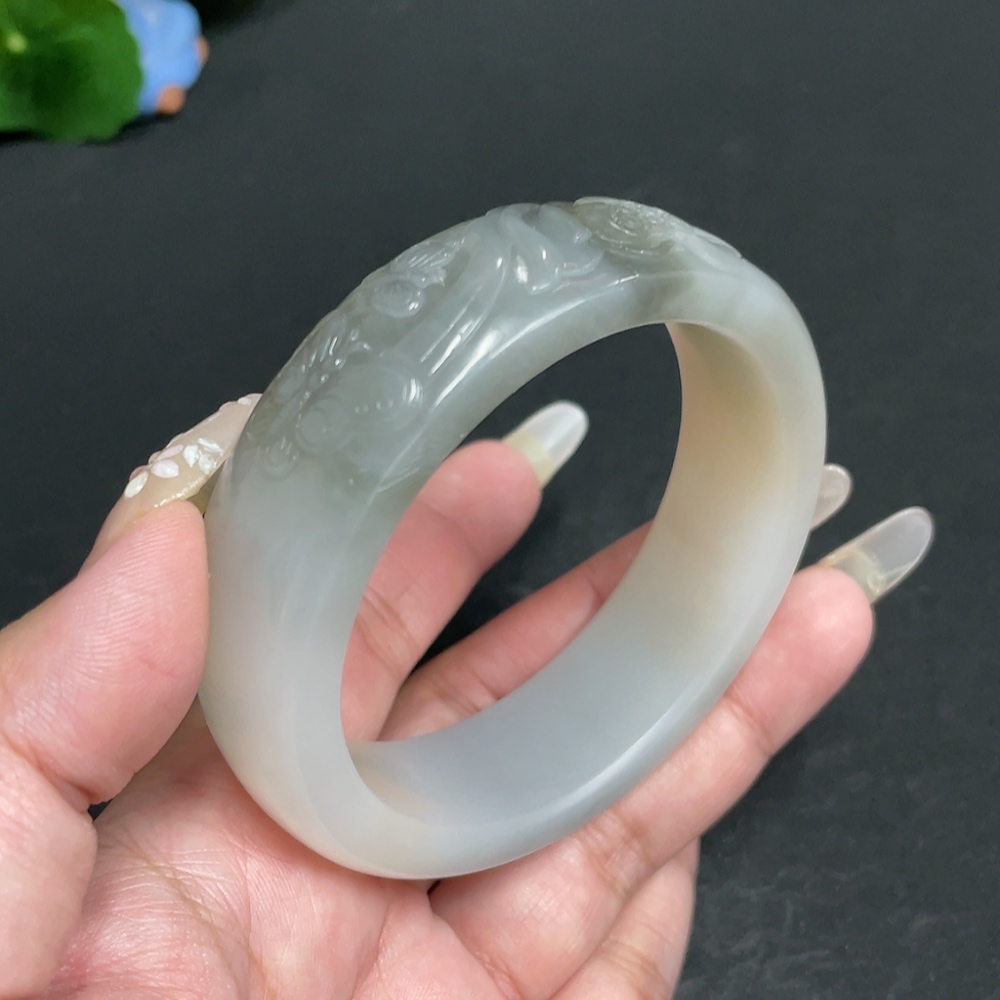 H28244193 Hetian Jade Round Bracelet - Prosperity in Full Bloom - Inner Diameter 59.3 - Total Weight Approx. 91.6g