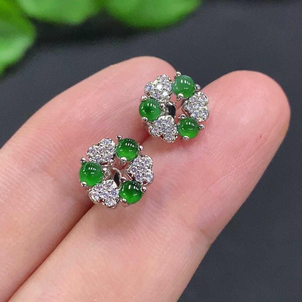 F34962303 Jadeite Cabochon Stud Earrings Non-Gold Setting Total Weight Approx.1.4g