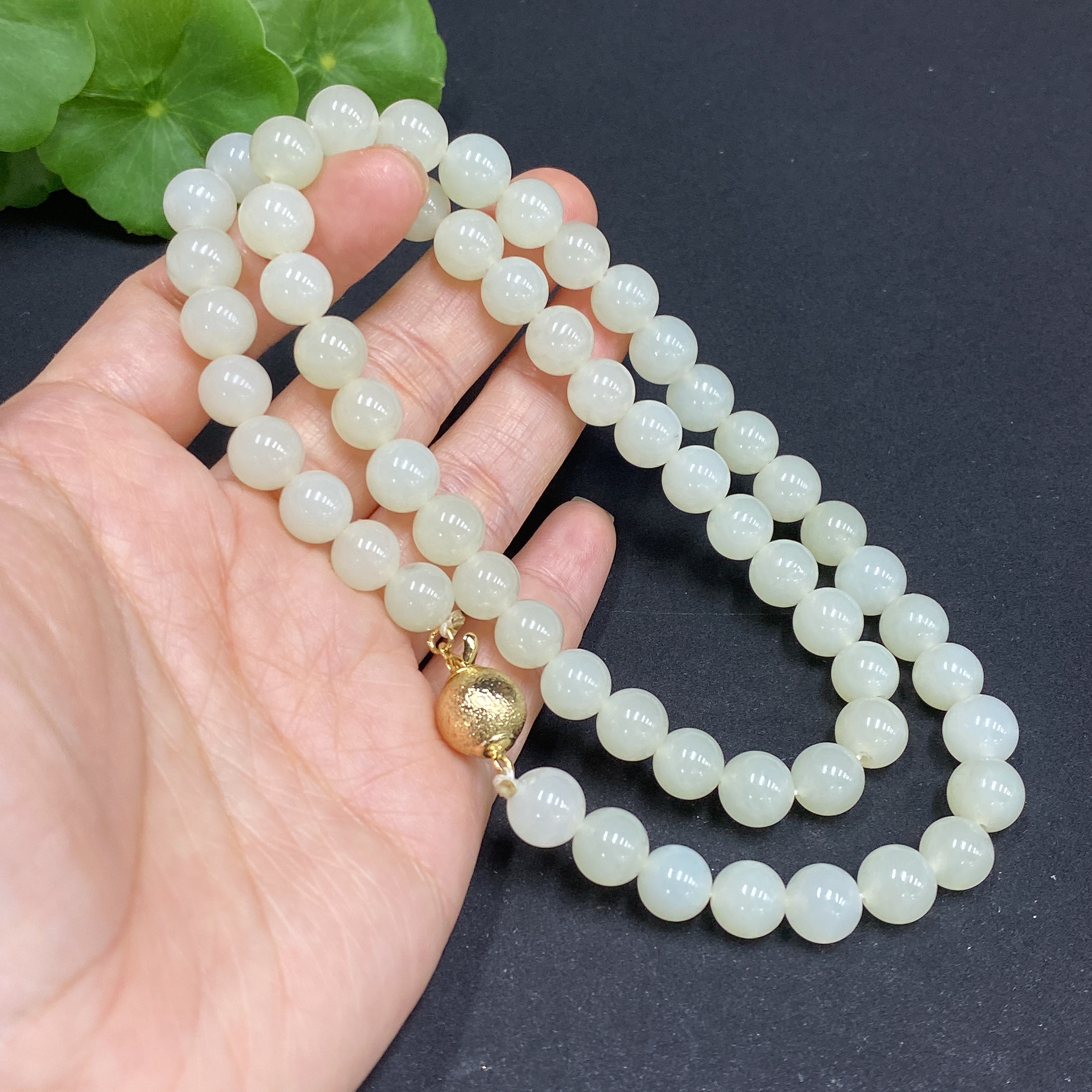 H34015541 Hetian Jade Bead Necklace Approx. 7.8mm Non-Gold-Inlaid Total Weight About 53.2g
