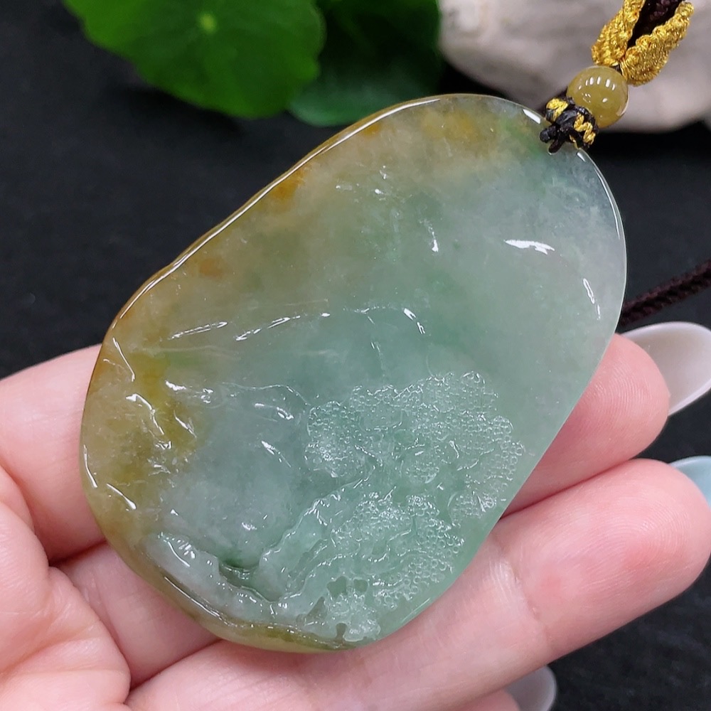 F33873770 Jadeite God of Wealth Pendant Total Weight Approx. 39.1g (Including Cord Weight) (Color Origin Undetermined)