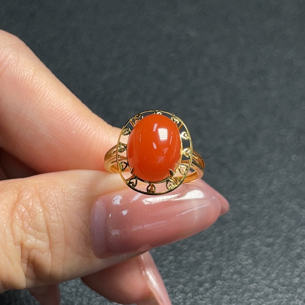 C29370190 South Red Agate Inlaid Ring, 18k Gold, Size 9, Total Weight Approx. 1.70g