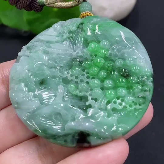 F34961325 Jadeite Landscape Pendant with Cord, Total Weight Approx. 56.6g