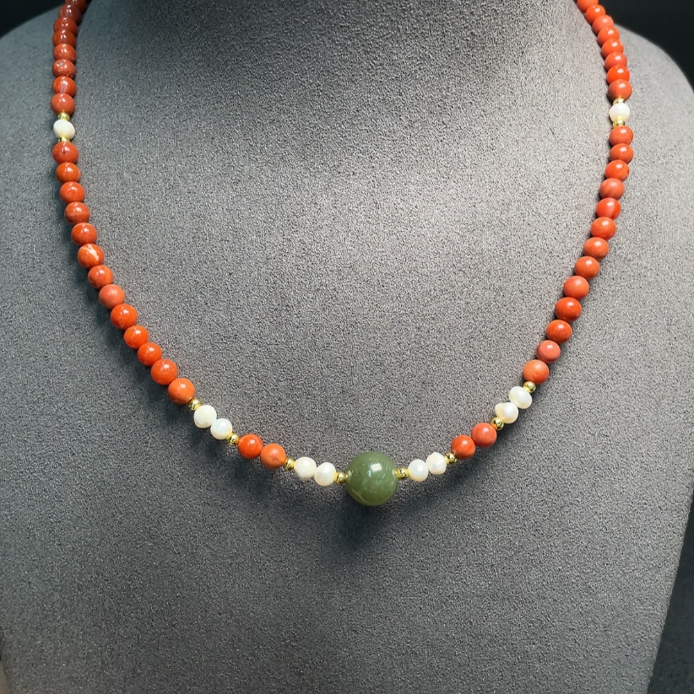 C34993148 Red Agate Bead Necklace with Visible Organic Matter, Total Weight Approx. 14.33g, Size Approx. 4.6mm, Non-Gold, Paired with Pearls and Hetian Jade