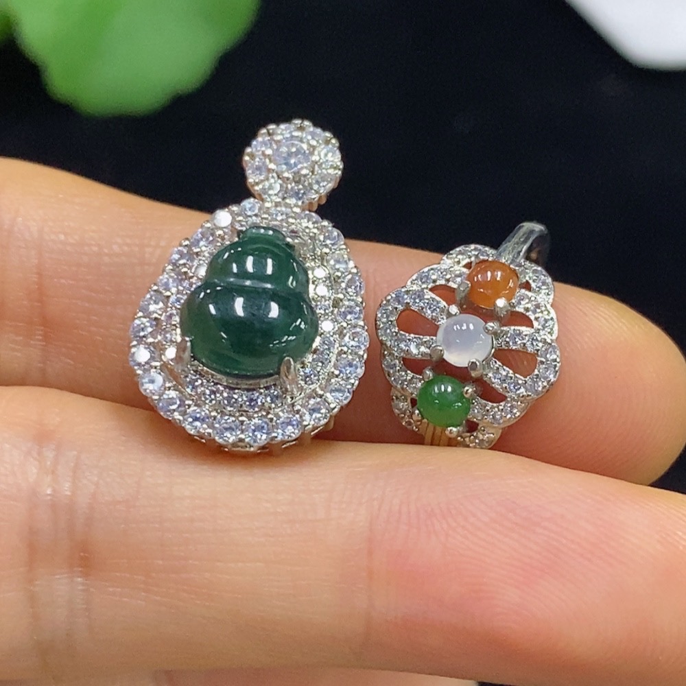 F34071846 Jadeite gourd inlaid pendant / cabochon inlaid ring non-metal adjustable