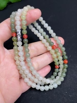 H34037533 Hetian Jade Bead Necklace, approx. 5mm, total weight about 24.7g, with Southern Red Agate