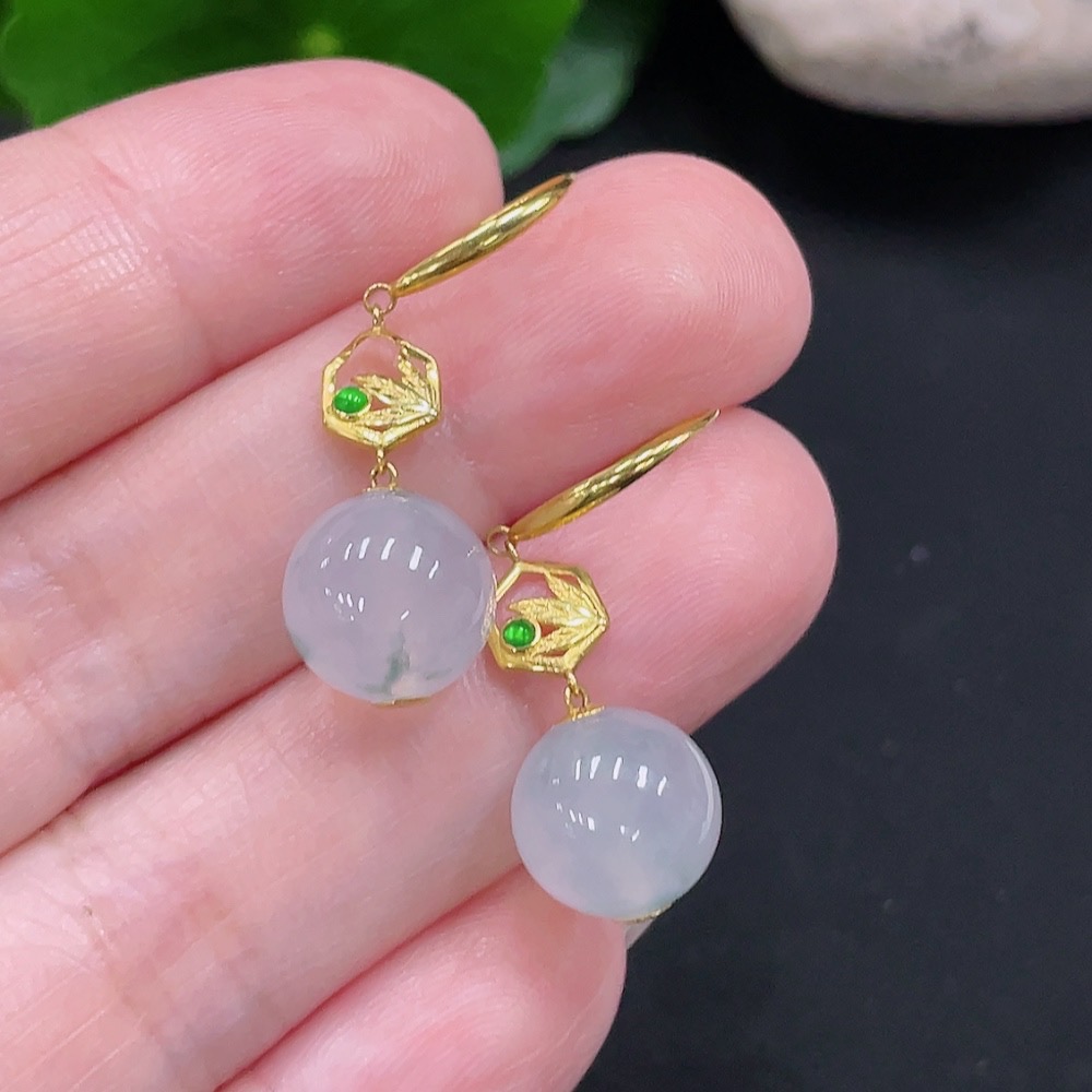 F29361179 Jadeite Inlaid Earrings, Pair, Approx. 9.8mm, 18K Gold, Total Weight Approx. 3.7g
