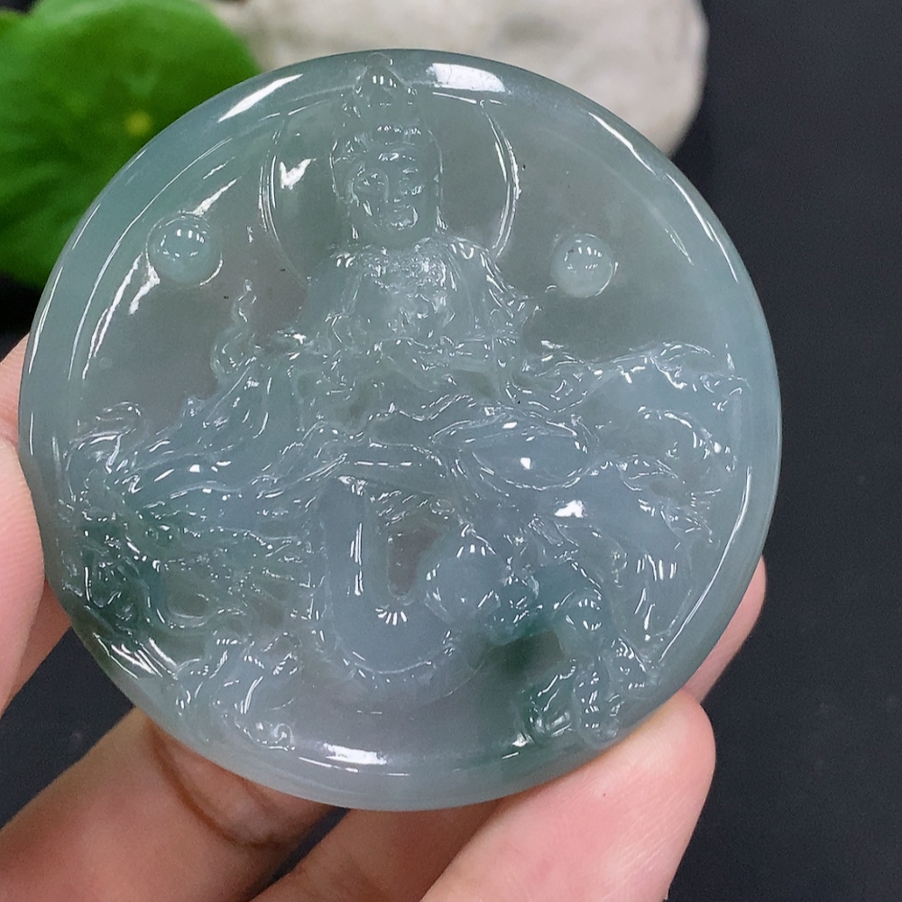 F33857927 Jadeite Dragon-Guarding Guanyin Pendant