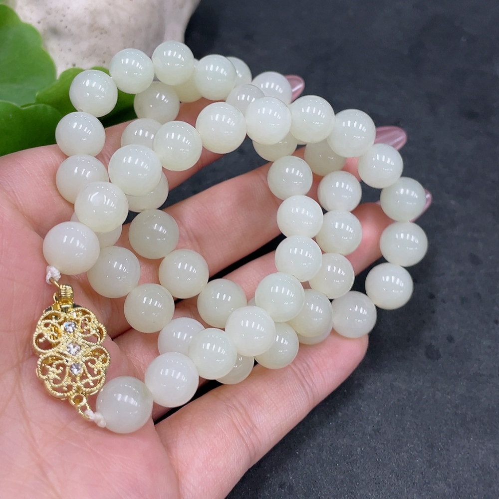 H33858662 Hetian Jade Bead Necklace, Approx. 8.9mm, Non-Gold-Inlaid, Total Weight Approx. 62.7g