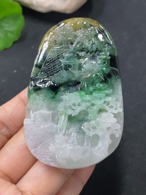 F35140161 Jadeite Pendant Landscape Plaque Total Weight Approx. 54.96g with Non-Grade A Beads