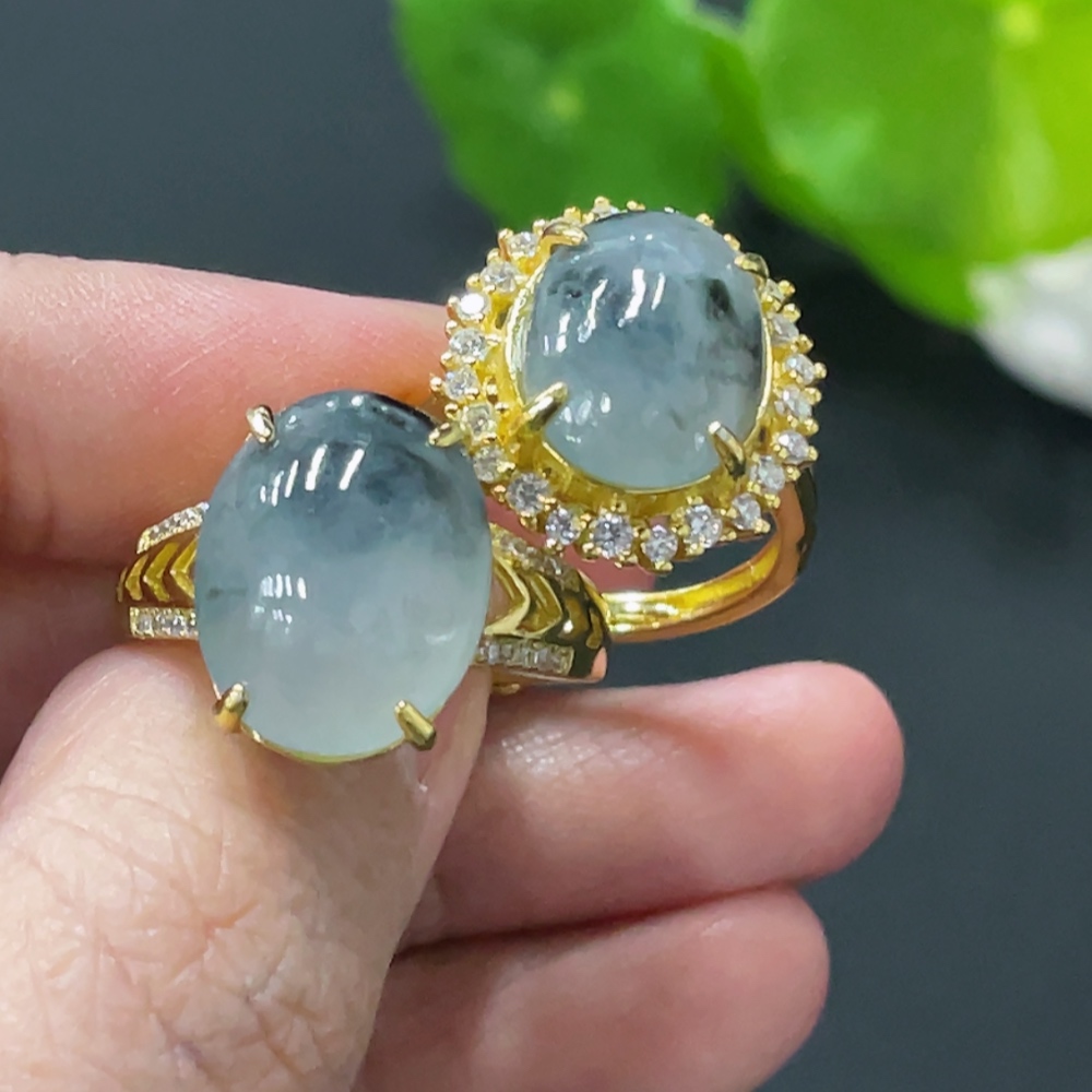 F34058458 Jadeite Cabochon Ring, Non-Gold Setting, Adjustable Size