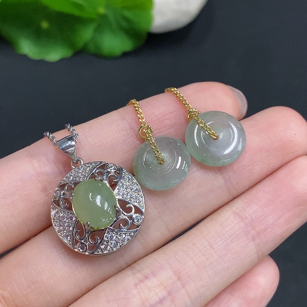 F35123842 Jadeite Cabochon Pendant + Peace Buckle Ear Threads Sell as a Lot Non-Gold Setting