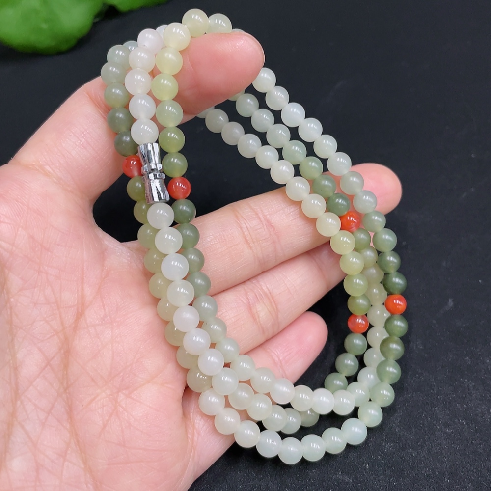 H34037533 Hetian Jade Bead Necklace, approx. 5mm, total weight about 24.7g, with Southern Red Agate