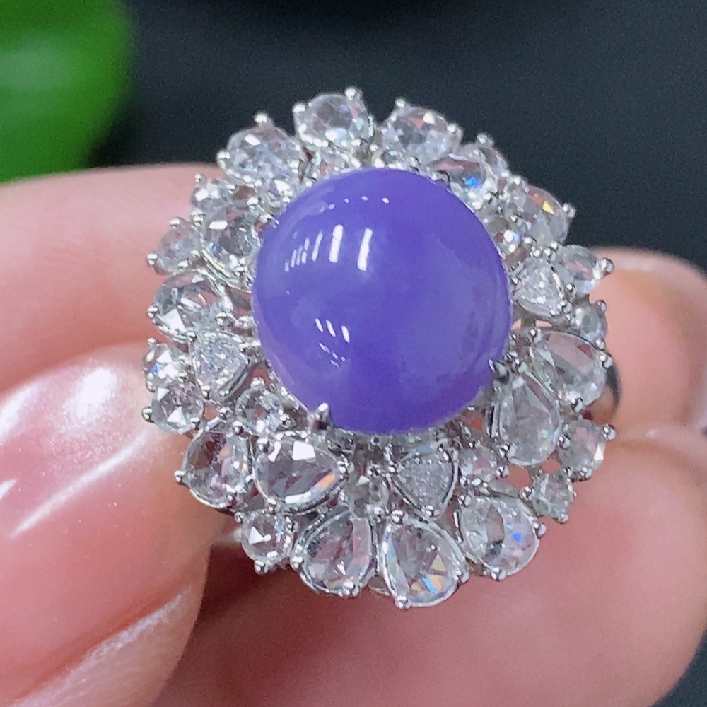 F35087822 Jadeite and Diamond Ring in 18K Gold, Size 14, Total Weight Approx. 4.39g