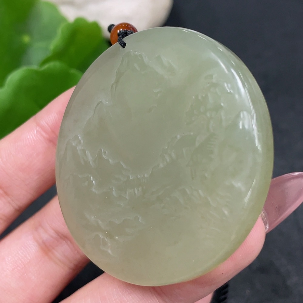 H33884873 Hetian Jade Pendant - Landscape Plaque, Total Weight (Including Rope): Approx. 43.1g