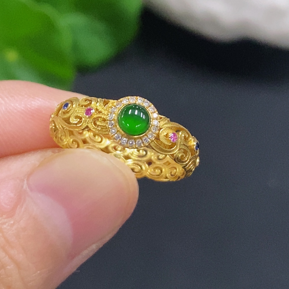 F30542577 Jadeite Cabochon Inlaid Ring 18K Gold Size 10 Total Weight Approx. 1.7g