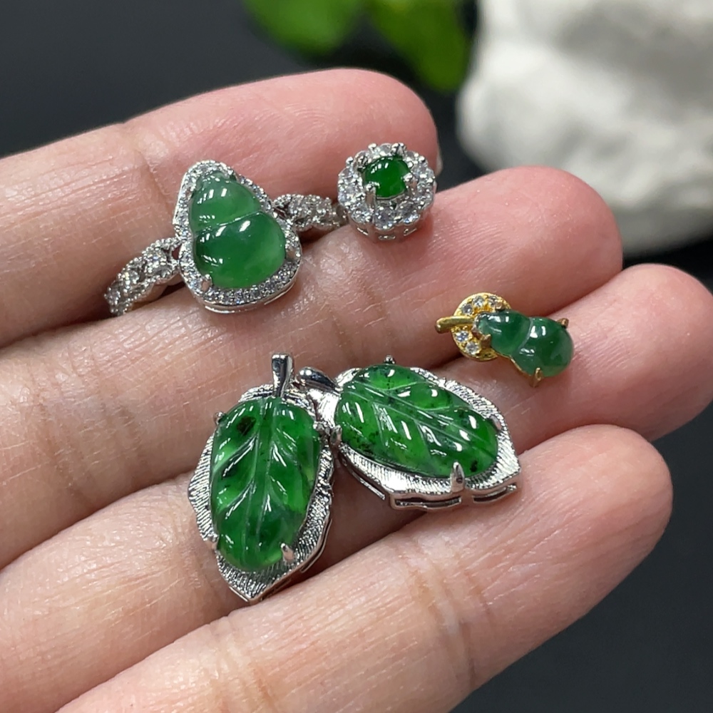 F34071204 Jadeite Inlaid Pendant Ring Earrings Sell as a Lot Non-Gold