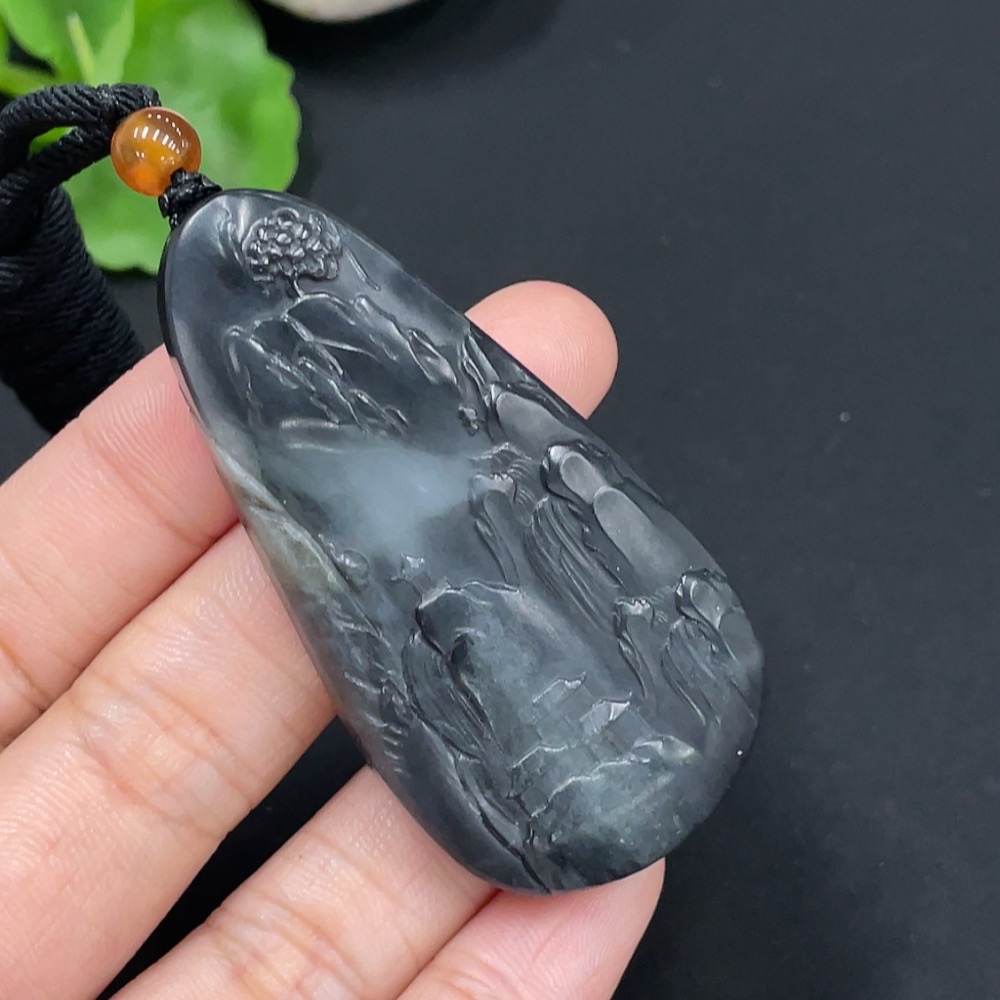 H28268983 Hetian Jade Pendant - Landscape Plaque, Total Weight (including rope): 33.4g