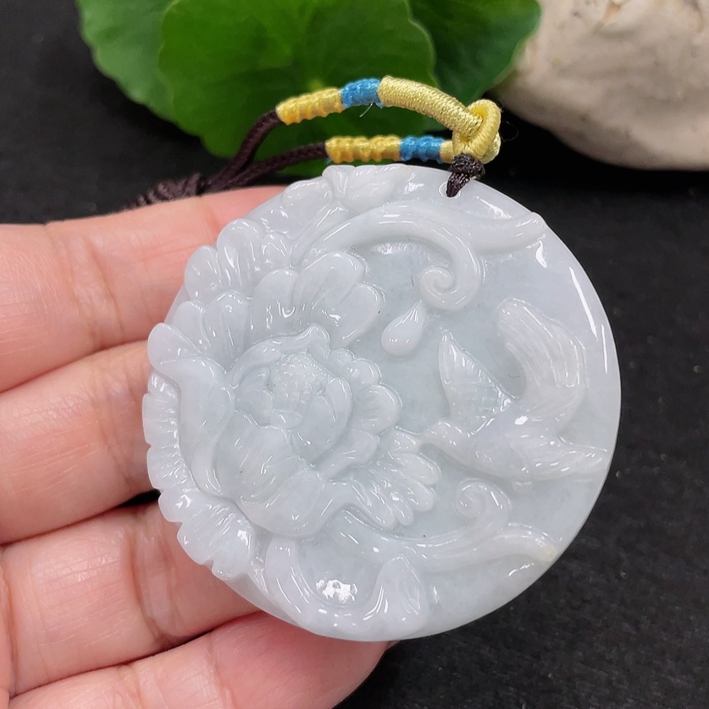 F34966150 Jadeite Flower and Bird Plaque Pendant