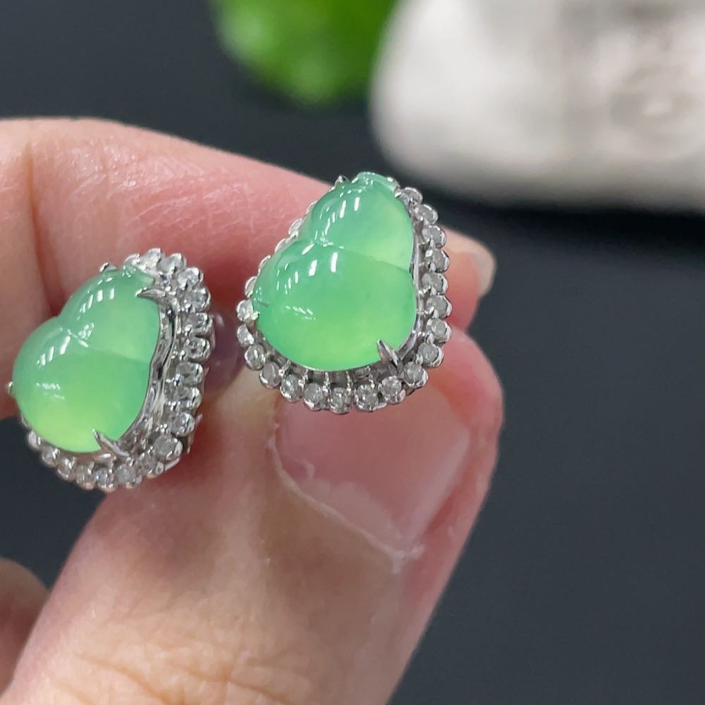 F30519099 Jadeite Earrings 18k with Diamond Accents Total Weight Approx. 3g (Excluding Ear Backs)