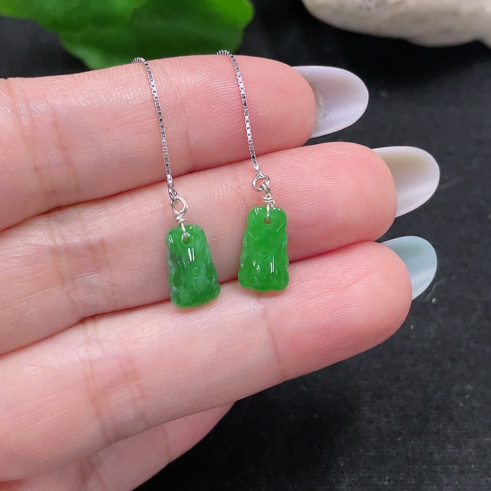 F33898719 A Pair of Jadeite Inlaid Earrings Total Weight Approx. 1.1g (Non-Gold Inlaid)