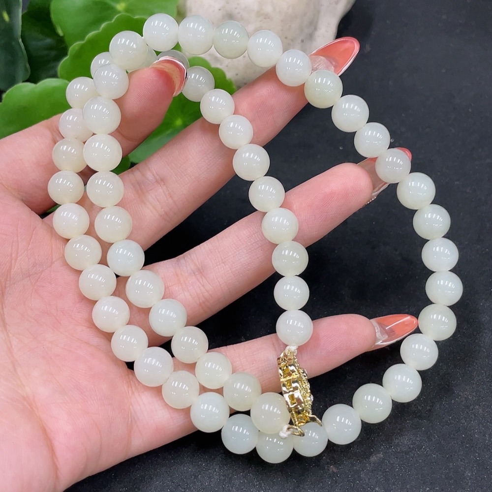 H35113567 Hetian Jade Bead Necklace Non-Gold Approximately 8.3mm Total Weight About 51.3g