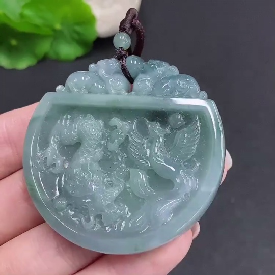 F34060549 Jadeite Dragon and Phoenix Auspicious Pendant
