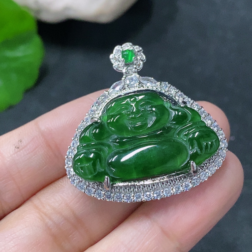 F33888039 Jadeite Inlaid Buddha Pendant, Non-Gold, Total Weight Approx. 7.34g, Beads Non-Grade A