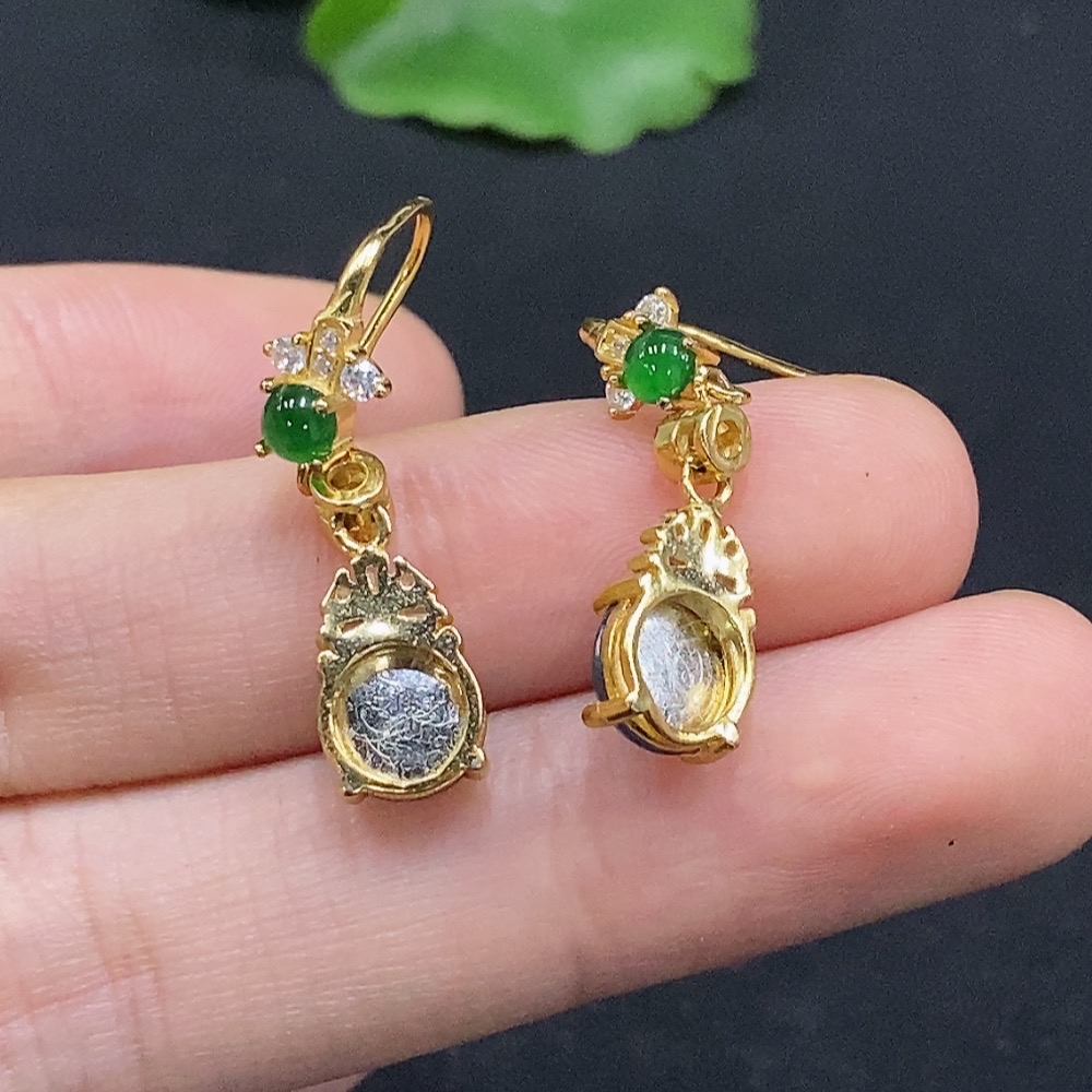 F33866699 Jadeite Cabochon Stud Earrings, Non-Gold Setting, Total Weight Approx. 2.46g