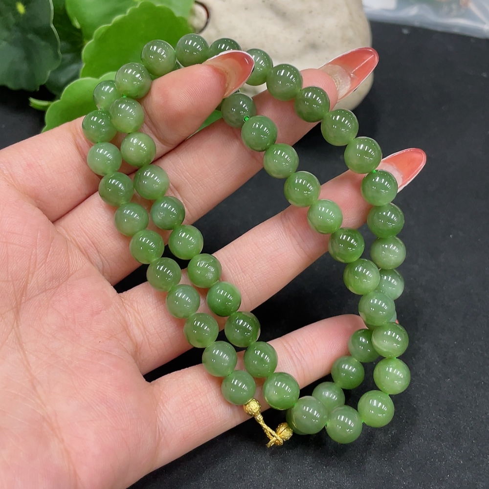 H34053449 Hetian Jade Jasper Bead Necklace, approx. 7.7mm, non-gold inlaid, total weight approx. 42.7g