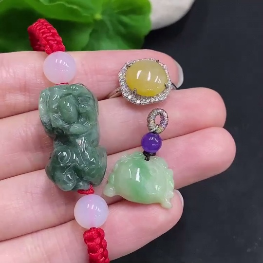 F33941314 Jadeite Pendant + Cabochon Ring + Bracelet Sell as a Lot Non-Gold Setting Adjustable Size Yellow Color Origin Undetermined Non-Jadeite Beads