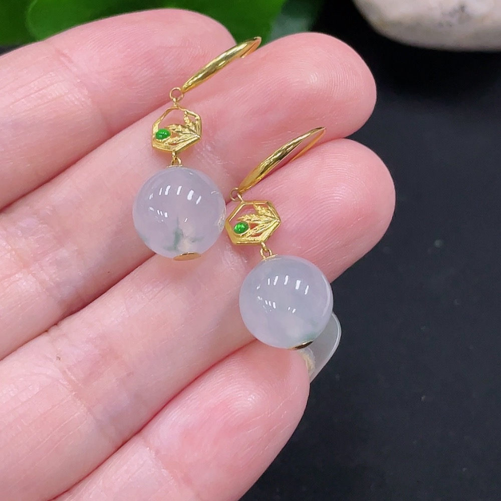 F29361179 Jadeite Inlaid Earrings, Pair, Approx. 9.8mm, 18K Gold, Total Weight Approx. 3.7g