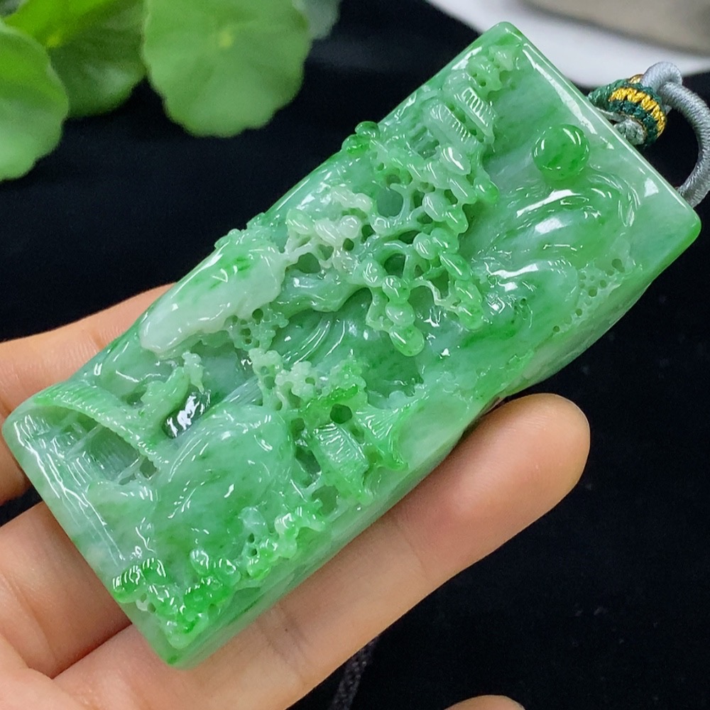 F34948146 Jadeite Landscape Pendant Total Weight Approx. 91g (Including Rope Weight)