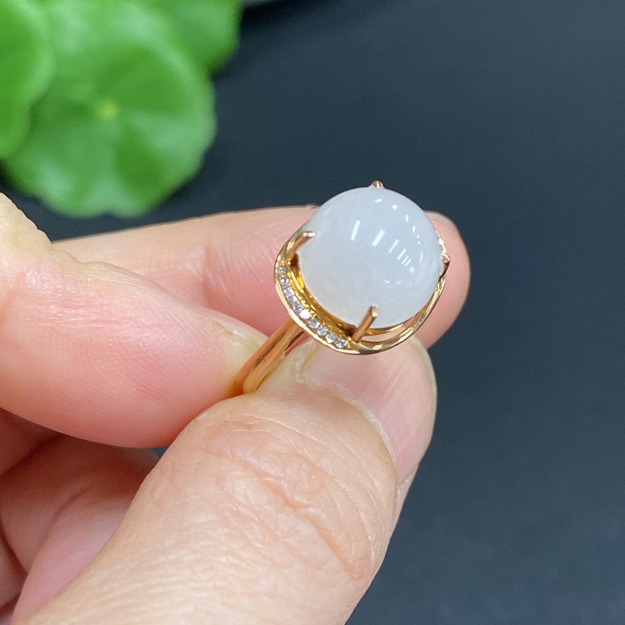 H33859041 Hetian Jade Inlaid Ring 18k Gold Size 13 with Diamond Accents Total Weight Approx. 2.2g