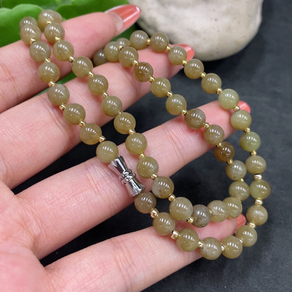 H34016824 Hetian Jade Bead Necklace, Approx. 6mm, Non-Gold, Total Weight Approx. 21.4g