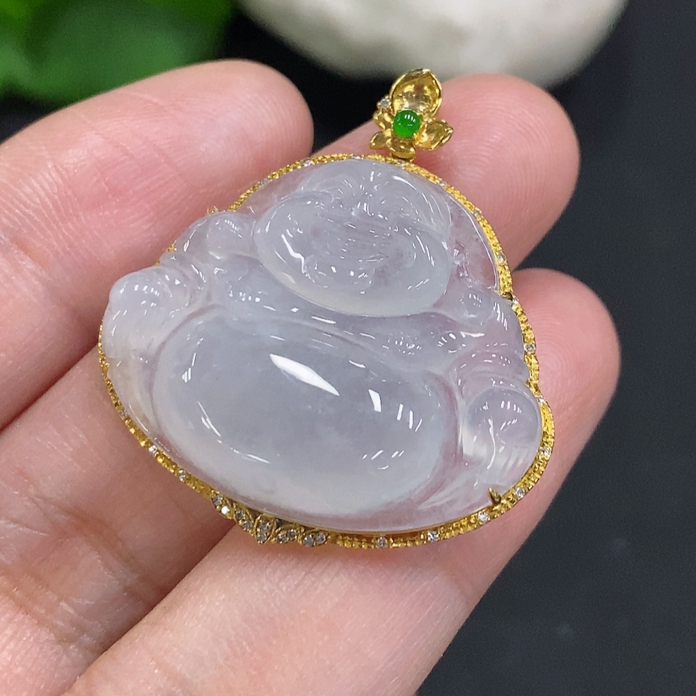 F35107388 Jadeite Buddha Pendant in 18K Gold with Diamond Accents, Total Weight Approx. 6.7g
