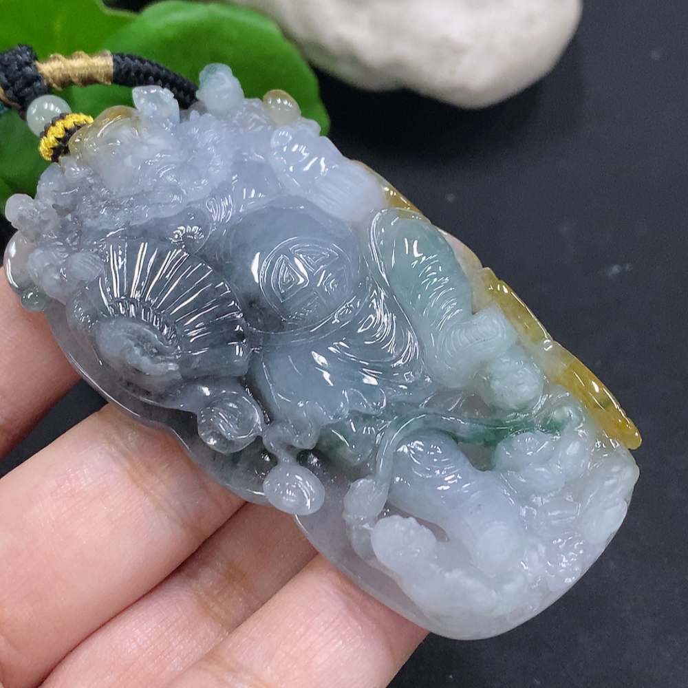 F34000183 Jadeite Pendant God of Wealth with Other Mineral Components Including Rope Total Weight Approx. 74.6g