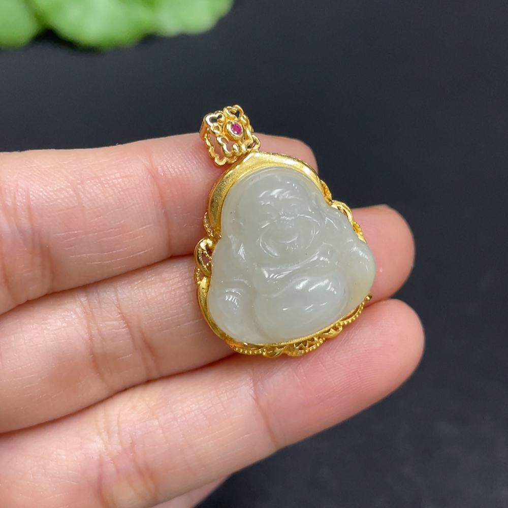 H35103141 Hetian Jade Pendant Buddha Non-Gold Inlaid Total Weight Approx. 4.6g
